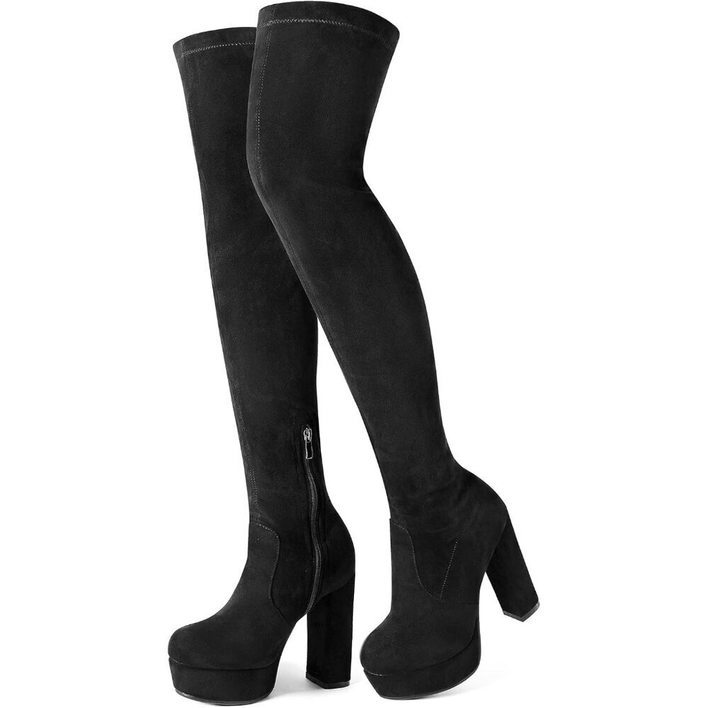 Women Black-sc-suede Synthetic Chunky Heel Side Zipper Thigh High Western Boots